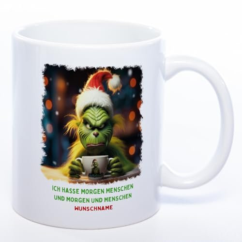 Stickyworld exclusive Grinch Weihnachtstasse Ich hasse Morgen Menschen - lustige Kaffetasse - spülmaschinenfest 330 ml Keramik (weiß)