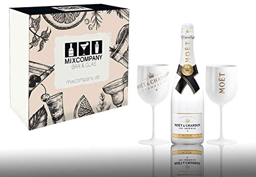 Individuelles Geschenkset mit Moet Geschenkset - Moet & Chandon ICE Imperial Champagner 0,75l (12% Vol) + 2er Set Becher in weiß/gold Champagne Becher Kelche -[Enthält Sulfite]