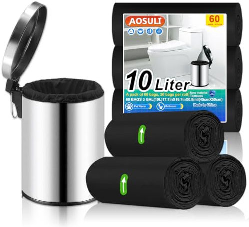 AOSULI Lot de 60 petits sacs poubelle de 10 l - Noir - Pour bureau, salle de bain, toilettes