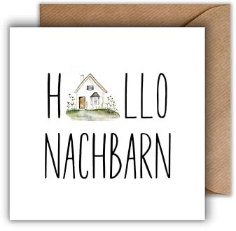 WBdesignz Nachbar Karte mit Umschlag - Nette Geschenkkarte “Hallo Nachbarn” Willkommen Karte Glückwunschkarte Geschenkkarte zum Einzug (125 x 125 mm)
