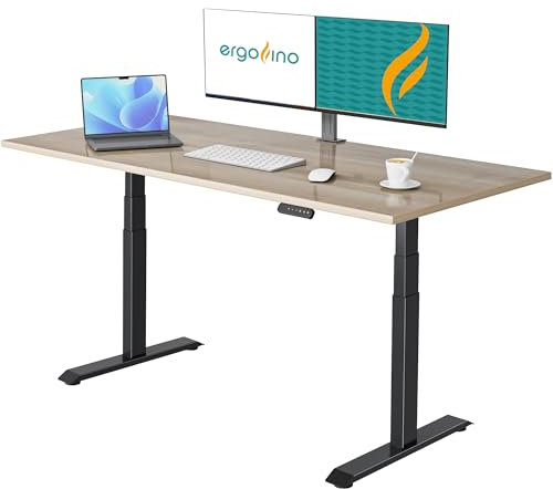 Ergofino höhenverstellbarer Schreibtisch 180x80 cm, elektrisch Schreibtisch mit GS-Zertifiziert, 2 Motoren, 3-Fach Teleskop, 3 Memoryfunktion, Gestell Schwarz inkl. Nussbaum Tischplatte