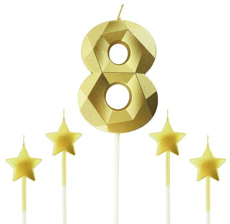 Ronoza Geburtstagskerzen Zahlen 8, Gold Kerzen Geburtstag, Geburtstagskerze, Geburtstagskerzen für Torte, Kerze 8, Kerzen Zahlen, mit 4 Stück Gold Sternform Geburtstagskerzen Cake Topper