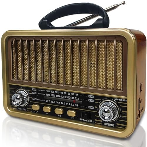 Radio Portatil Pequeña, Am/SW/FM Transistores Radio Vintage, Radio Bluetooth Recargable Soporte TWS/USB/Tarjeta TF/Función BT5.0, Radio a Pilas Retro para Cocina, Escritorio,Exterior (Amarillo)