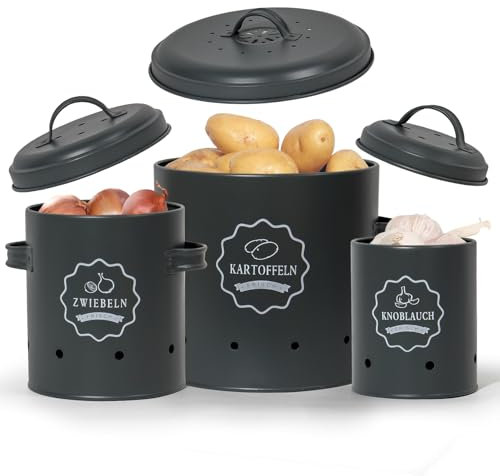 SYLANDO Aufbewahrung Kartoffeln Set,Vorratsdose Kartoffeln, Zwiebeltopf Kartoffeltopf Knoblauchtopf, Großer Vorratsbehälter aus Metall (Grau-Set)