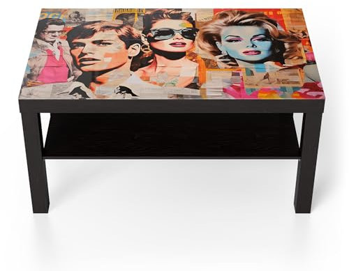 DEQORI Glastisch | schwarz groß 90x50 cm | Motiv Ikonen Collage | ausgefallener Beistelltisch aus Glas | Hochglanz Couchtisch fürs Wohnzimmer | moderner Couch Tisch mit Design