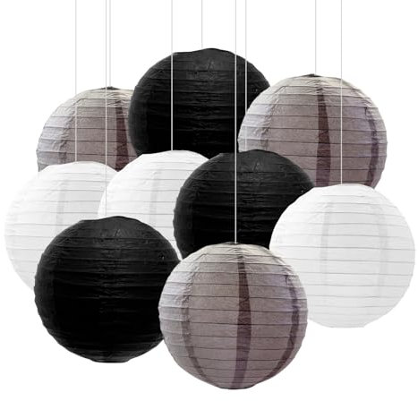 FANSU Papierlaterne Deko,Papierlaternen Set Papier Laterne Rund 9 Stück Hängende Papierlaternen Papier Laternen Feier Lampion Partydekorationen für Hochzeit Garten (25cm,Grau + Schwarz)