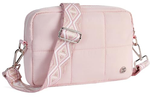Telena Crossbody Bag Damen, Umhängetasche mit Gitarrengurt Leichte Daunen Damen Schultertasche für Unterwegs,Rosa