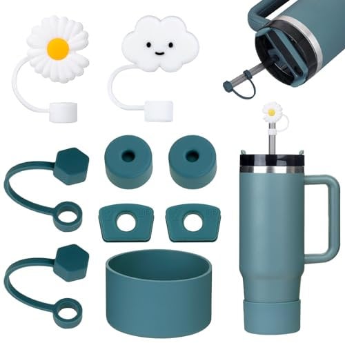 Yuecda Stanley Cup Accessories Set - 6 Pcs Silicone Spill Proof Stopper, 2 Straw Covers, 1 Silicone Boot for 40oz/30oz Cup (Blue Spruce)