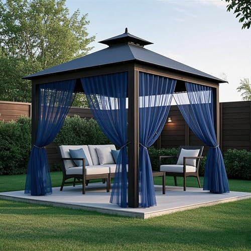 SK Studio Navy Blue Outdoor Sheer Curtains for Patio Waterproof 2 Panels Sheer Curtains Privacy Screen Mesh Net Outside Curtains Rod Pocket for Gazebo, Porch, Pergola, 63W x 84L