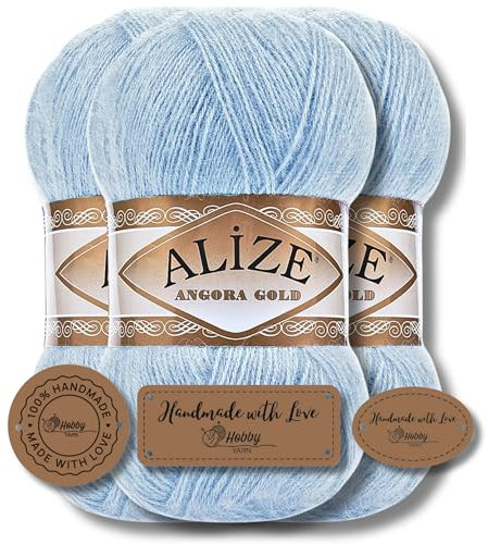 Hobby YARN 3x Etikettenlabel mit Alize Angora Gold Wolle Premium 3x100g als Set, Yarn, Garn, Dünne Mohair aus Schurwolle, Uni, Einfarbig, Strickgarn (953)