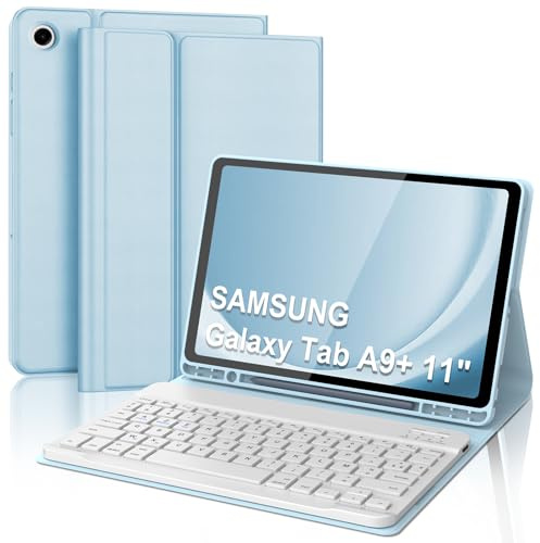 Coque Clavier pour Samsung Galaxy Tab A9 Plus/A9+ 11 Pouces, AZERTY Français Housse Clavier Bluetooth Magnétique Détachable avec Porte Crayon pour Samsung Galaxy Tab A9 Plus 11 2023, Bleu Ciel