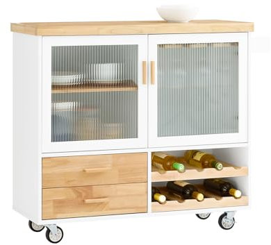 SoBuy Isla de Cocina con Ruedas Carrito de Cocina con Ruedas Mueble Auxiliar de Cocina con Plan de Trabajo en Madera Mueble de Cocina Almacenaje para Comedor Blanco y Natural 109 × 40 × 92cm FKW114-WN