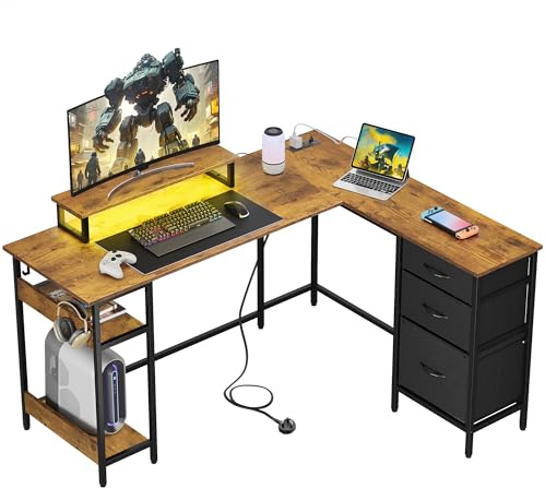 DEVAISE Eckschreibtisch L Form 120 x 80 cm mit Schubladen mit Steckdose und USB, Computertisch mit Ablageflächen für Homeoffice, Gaming & Schlafzimmer, Braun