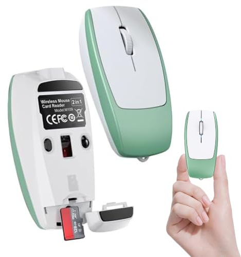 2-in-1 Mini Wireless Bluetooth Mouse & TF Card Reader(Up to 2TB),USB-C Rechargeable Silent Pocket-Sized 30g Compact Travel Finger Mice,for PC Laptop MacBook iPad Tablet,Office Trip Home Use-Green