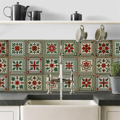 Carrelage Adhesif Mural Cuisine 10X10CM Fleurs Rouges Dalle Pvc Adhesive Murale Salle de Bain,Feuilles de Stickers Muraux en Vinyle, Stickers Carrelage Imperméables