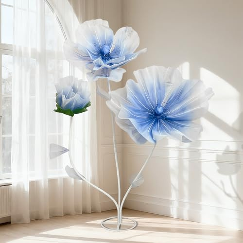 Fleurs artificielles en soie, fleurs géantes de 1,5 m pour décoration de fond de mariage, grande vitrine, accessoires de photographie, énorme fleur artificielle avec tiges et base (bleu)