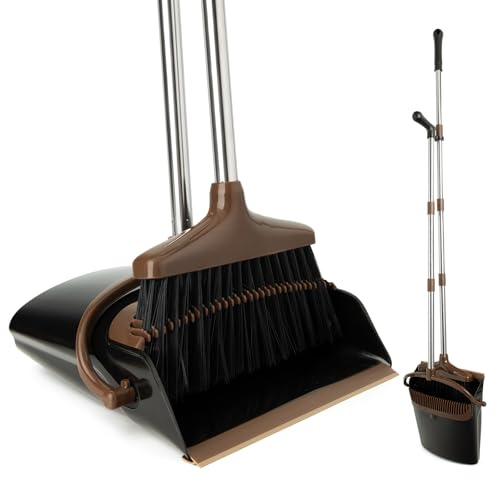 XXFLOWER Juego de escoba y recogedor con mango largo, escoba con pala, juego de recogedor con mango extensible, recogedor Broom and Dustpan para limpieza del hogar oficina (negro marrón)