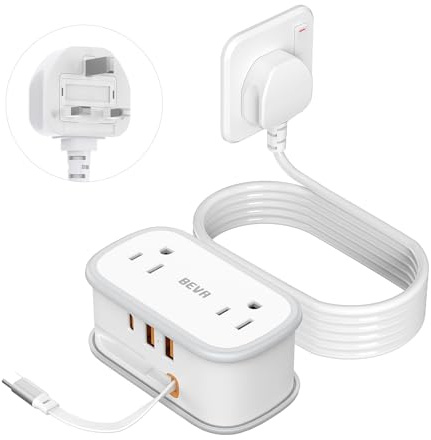 US to UK Plug Adapter with 1.5M Extension Cable, BEVA 2 Way 3 USB Slots Travel Adapter with Retractable USB C Cable, UK Power Adapter for USA, Canada, Mexico, Japan Appliances