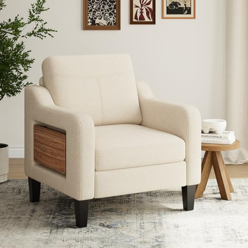 COLAMY Moderner Wohnzimmer-Sessel mit Akzentfunktion, bezogen in Leinen-Optik – Gemütlicher Lesesessel mit Klapptisch, 2 Seitentaschen und Holzarmlehnen für Wohnbereich und Schlafzimmer