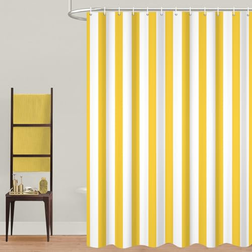 GCIREC Rideau de Douche, 120x200cm, Jaune et Blanc Minimalisme Moderne Rayures Verticales Tissu Pmperméable Machine Lavable Rideau de Salle de Bain avec Crochets