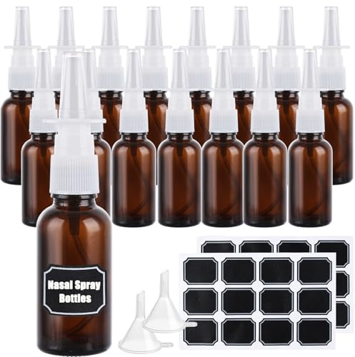 WeeGoo 16 Pcs 30 ml Amber Glass Nasal Spray Bottle with Nozzles | Refillable, Nose Mist Direct Sprayer with Funnels and Sticker, for Water, Perfume, Saline Essential, Oils
