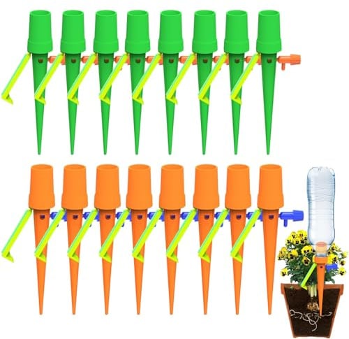 Kit Riego por Goteo - 16 Piezas Goteo para Botella con Soporte Antivuelco y Válvula Regulable, Compatible con Botellas de Plástico, Ideal para Macetas y Plantas de Interior