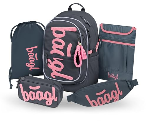 Baagl Schulrucksack Set Mädchen 5 Teilig Schultasche 25 l - Logo Rosa