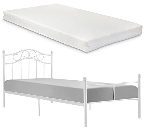 [en.casa] Metallbett Florenz 120x200 Weiß mit Lattenrost und Matratze Jugendbett Bett Metall Bettgestell