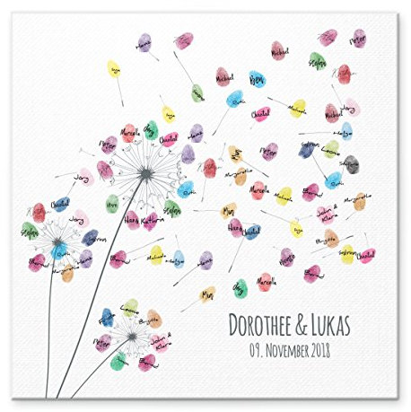 Madyes Leinwand Hochzeit Fingerabdruck Gästebuch personalisiert Baum Pusteblume für das Brautpaar als Geschenk, Hochzeitsdekoration, Namen mit Datum. 50x50 cm groß auf Keilrahmen Holz