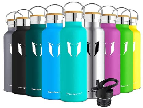 Super Sparrow Water Bottle Stainless Steel - 620ml - Insulated Metal Water Bottles - Standard Mouth Flask - BPA Free - Straw Bottle for Work, Gym, Sports - 2 Lids