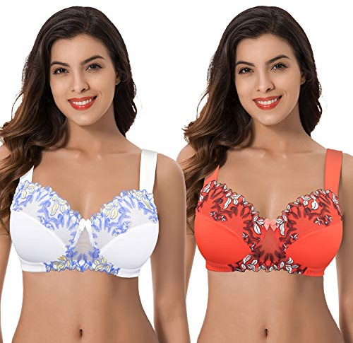 Curve Muse Plus Size Minimizer Unlined Wireless Bra with Lace Embroidery | Visually reduces bust by one cup, Smooths and streamlines your shape, Minimizes projection for a sleeker look