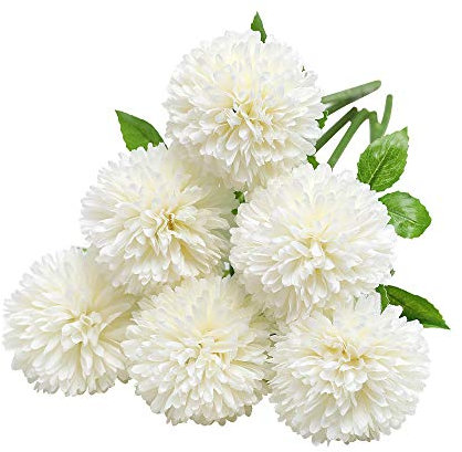 Tifuly Flores de Hortensia Artificial, 6 Piezas de crisantemo de Seda pequeña Bola de Flores para la decoración de la Oficina del jardín del hogar, Ramos de Novia, arreglos Florales(Blanco)