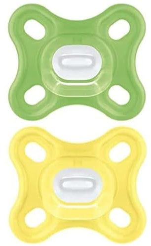 MAM Comfort Soothers | 0-3 Months | 2 Pack | Newborn Dummies | Comes in Dummy Steriliser Case | Sustainable Materials | Baby Accessories for Newborn | Green/Yellow (Various Designs)