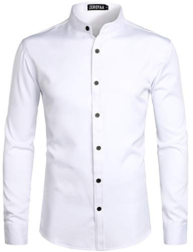 ZEROYAA Mens Hipster Solid Slim Fit Long Sleeve Mandarin Collar Dress Shirts ZLCL08 White Black Large