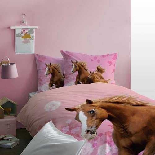 MATT & ROSE Pferde Bettwäsche Set 135x200 80x80 cm - Rosa Flanell Bettwäsche für Mädchen mit Reißverschluss - 100% Baumwolle Horse Floral geblümt