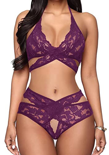 EVELIFE Donna Sexy Babydoll Lingerie Pizzo Reggiseno e Slip Criss-Cross 2 Pezzi Completo Biancheria Intima (Viola Medium)