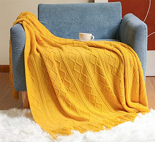 Hayisugal Wohndecke Boho Decke Weich Strick Wolldecke mit Quaste Kuscheldecke Sofadecke Couch Decke Überwurfdecke, Gelb, 130 x 150cm