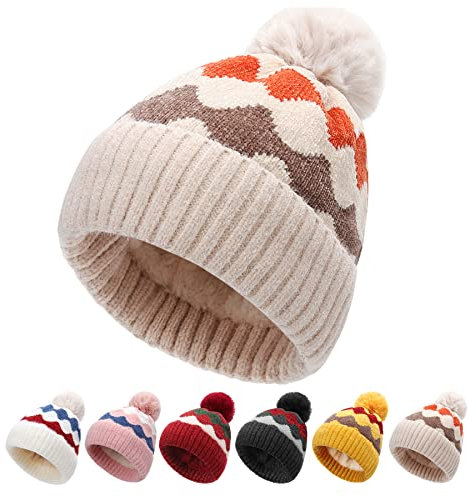 BLURBE Bommelmütze für Damen – Beanie-Mützen mit Fleecefutter, gestrickte Wollmützen für den Winter, Zopfmustermützen für Damen mit Kunstfell-Bommel