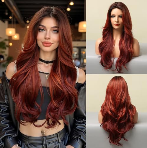 Esmee Ombre Rot Braun Perücken für Frauen Synthetische Hitzebeständige Faser Natürliche Lange Welle Perücken für Tägliche Partei Cosplay Tragen