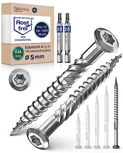 Terrassenschrauben 5x80 Edelstahl A2 Linsenkopfschrauben Torx Schrauben 5mm stark 500 Stück Holzschrauben Torx 80mm lang Edelstahlschrauben Holz inkl. 2x Torx Bits