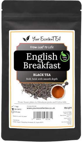 English Breakfast Loose Leaf Black Tea, Assam Darjeeling Ceylon Blend, 500g | Smooth, balanced everyday brew with reliable body, ideal for morning cups with milk or plain, packed in a resealable pouch.