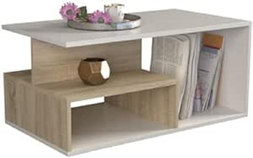 TOP E SHOP CDF Couchtisch Prima | Farbe: Sonoma Eiche - Weiß | Moderner Couchtisch für Wohnzimmer, Zimmer, Büro | Form: Rechteckig | Ablage für Kleinigkeiten, Zeitungen, Zeitschriften oder Bücher