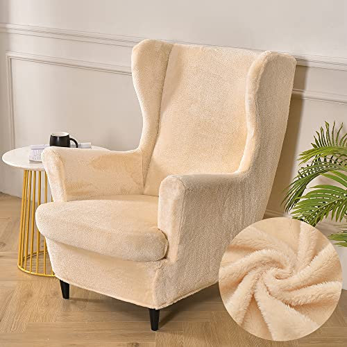 Highdi 2-Teilig Plüsch Ohrensessel Überzug, Sessel-Überwürfe für Ohrensessel, Luxus Plüsch Stretch Sesselhusse, Stuhlbezug mit Armlehne Bezug Hohe Rückenlehne Universal (Beige)