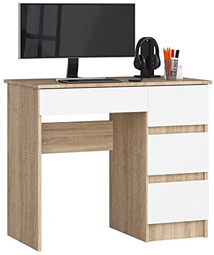 AKORD Schreibtisch A7 90 cm | 4 Schubladen Rechts | Computertisch | Für Zuhause | Für das Büro | Für die Arbeit | B90 x H77 x T50 cm | Gewicht 30,50 kg | Sonoma Eiche/Weiß