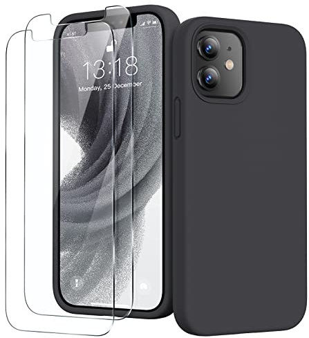 GOODVISH 3 in 1 für iPhone 12 Mini Hülle mit 2 Stück Schutzfolie, HochwertigesLiquid Silikon Rundumschutz Handyhülle, mit Weichem Mikrofaser Innenfutter Stoßfestes Schutzhülle, Schwarz