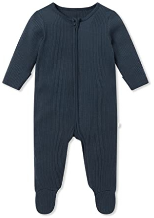 MORI Ribbed Clever Zip Sleepsuit in Bamboo & Organic Cotton, Multiple Sizes | Concealed double-directional zipper ensures quick nighttime diaper changes, with fold-over scratch mitts up to 9 months.