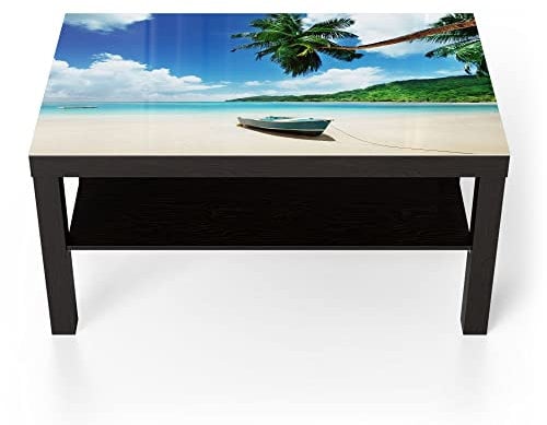DEQORI Glastisch | schwarz groß 90x50 cm | Motiv Boot im seichten Wasser | ausgefallener Beistelltisch aus Glas | Hochglanz Couchtisch fürs Wohnzimmer | moderner Couch Tisch mit Design