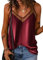 Onsoyours Donna Estiva Canotta in Raso di Seta Cami Plain Strappy Vest Camicetta Tank Top Shirt V-Neck Spaghetti Strap Canottiera Senza Maniche A Borgogna S
