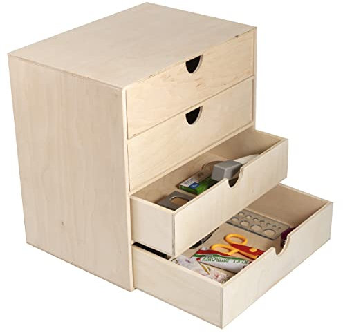 Wooden A4 Storage Box for Documents, Files, or Arts and Crafts, Multipurpose Home and Office Organiser with 4 Shelves, Floor or Desktop Organisation, Unfinished Natural Wood