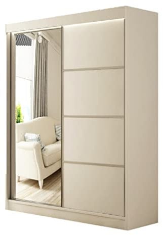 Margaret Hadas24 Kleiderschrank Padwa 120 mit Spiegel, Organizer, Mehrzweckschrank, Schwebetürenschrank, Garderobenschrank, Kleiderstange, Kleiderständer, Flurschrank, Schrank, 2-türig, weiß